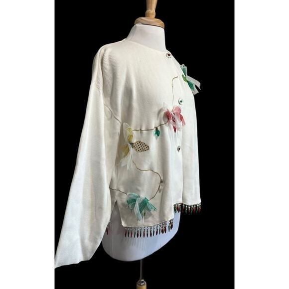 Vintage Shane Lee Christmas Tree Lights Fringe Hem Cardigan Sweater Womens XXL - Picture 2 of 11